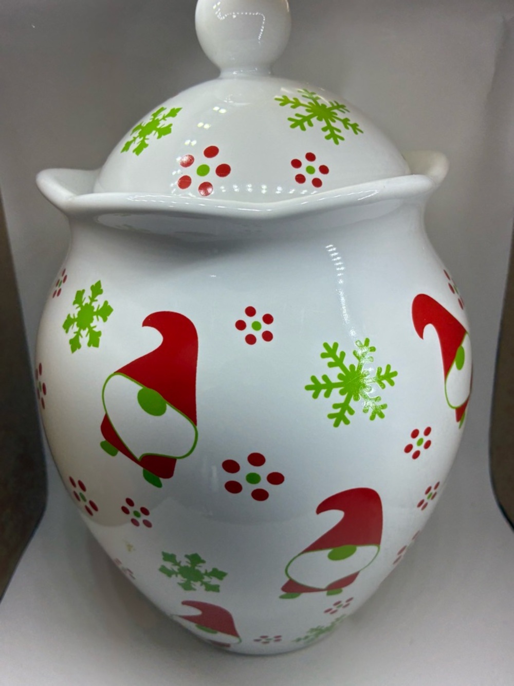 Temp-Tations White Ceramic Gnome Cookie Jar with Red & Green Accents